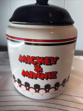 Disney White Ceramic Mickey & Minnie Cookie Jar with Black Lid and Red Accents